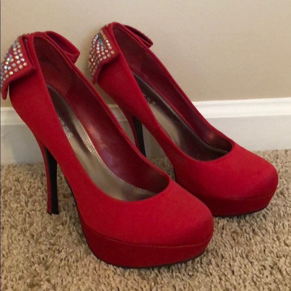 Bakers Red Satin Pumps. Sparkly bow ties.
